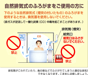 「自然排気式のふろがまをご使用の方に」下のような自然排気式(煙突の付いたもの)のふろがまを使用するときは、換気扇を使用しないでください。 「自然排気式のふろがまをご使用の方に」下のような自然排気式(煙突の付いたもの)のふろがまを使用するときは、換気扇を使用しないでください。
